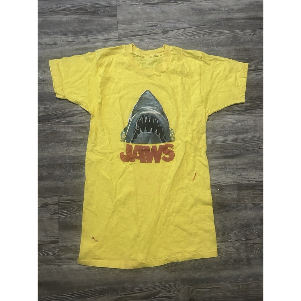 Vintage 70s JAWS Movie Promo Shirt Yellow Small Single Stitch *Marker Stains*